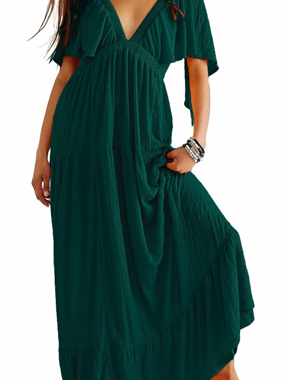 NWOT Women’s Deep Green V-Neck Tiered Maxi Dress